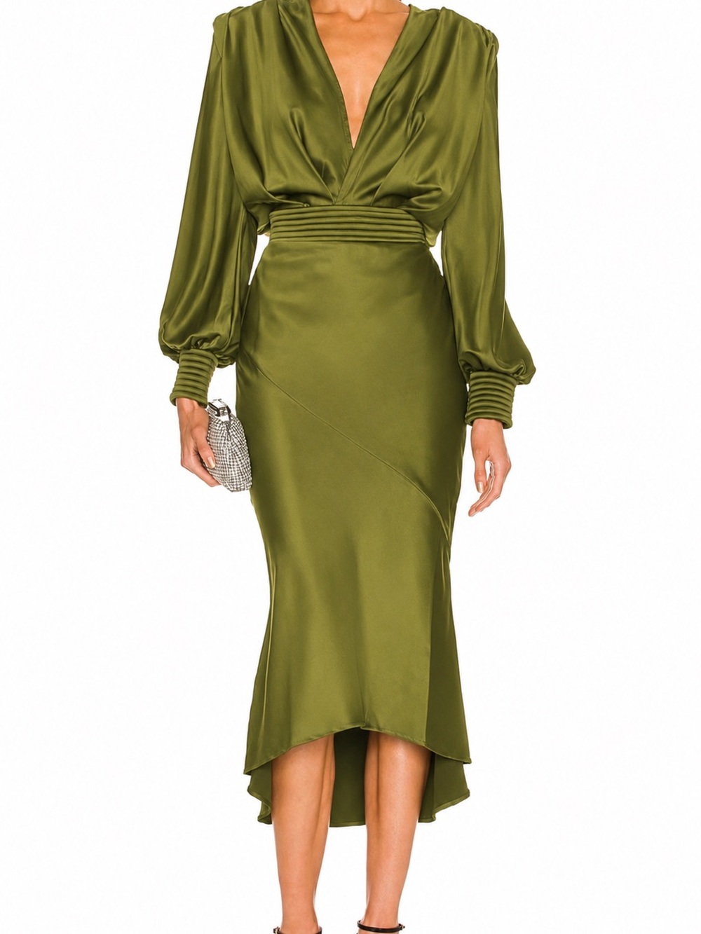 Zhivago Olive Green Plunge Neck Open Back Midi Gown | Size US 6